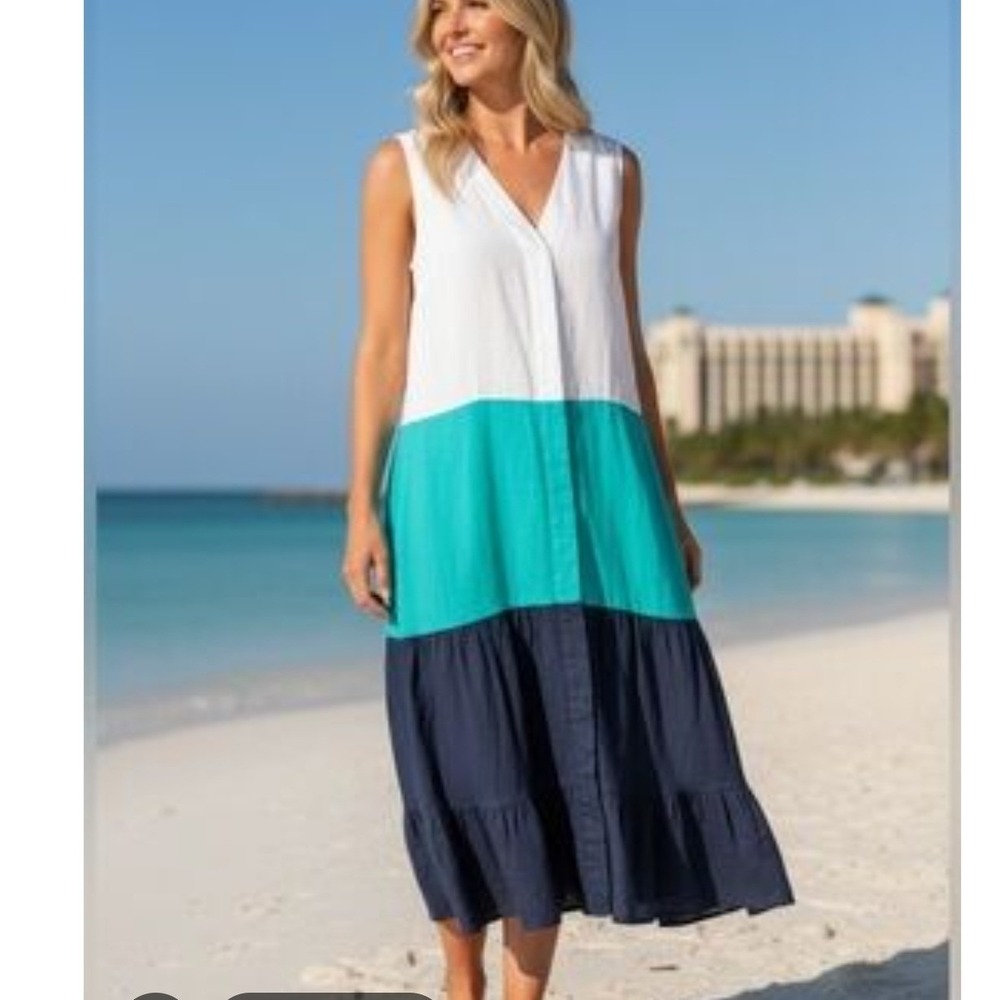 H by Halston Womens XXL Colorblock Tiered Midi Dress White Turquoise Navy Blue